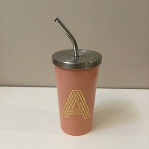Stainless Steel Tumbler Cup With Lid and Straw Pink Golden A Letter